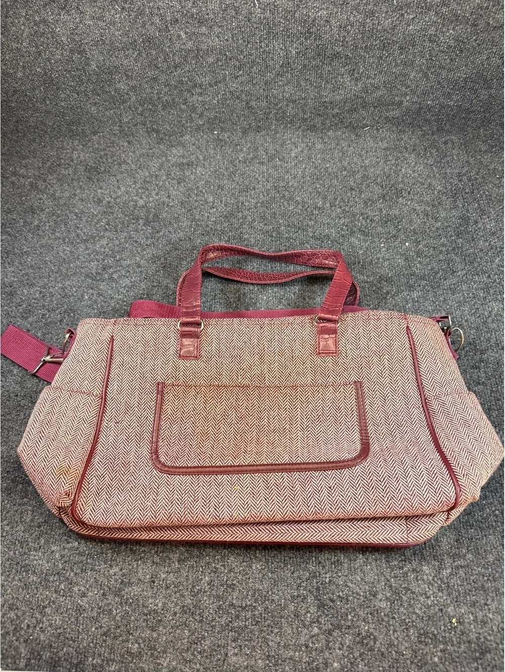 Womens Red Herringbone Weekender Duffel Bag Carry On Travel Shoulder Tote